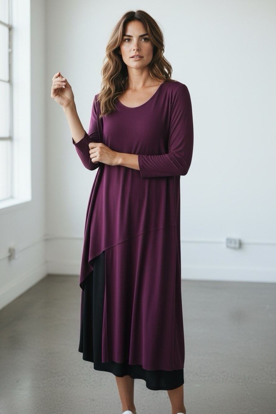 Sun Kim Tunic Dress Long Sleeve Asymmetrical Lagenlook Eggplant Size Medium